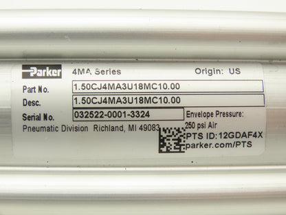 Parker 1.50CJ4MA3U18MC10.00 Pneumatic Air Cylinder 1.5" Bore 10" Stroke 250 PSI