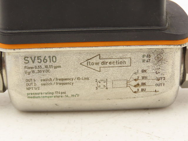 IFM SV5610 Vortex Flowmeter w/Display 18-30VDC 32-634GPH/.55-10.55GPM 1/2"FNPT