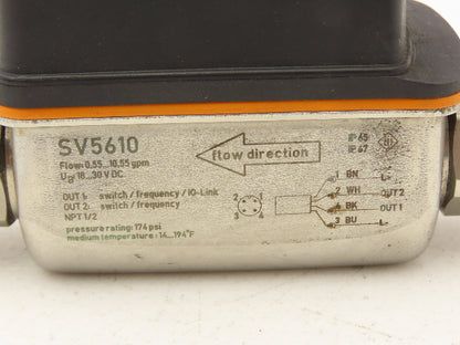 IFM SV5610 Vortex Flowmeter w/Display 18-30VDC 32-634GPH/.55-10.55GPM 1/2"FNPT