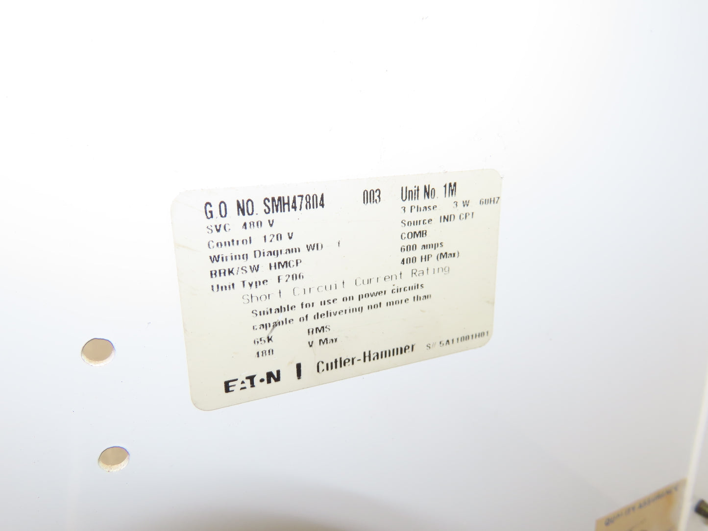 Eaton Cutler Hammer SVC MCC Motor Disconnect Bucket 600A Breaker 400Hp 480V