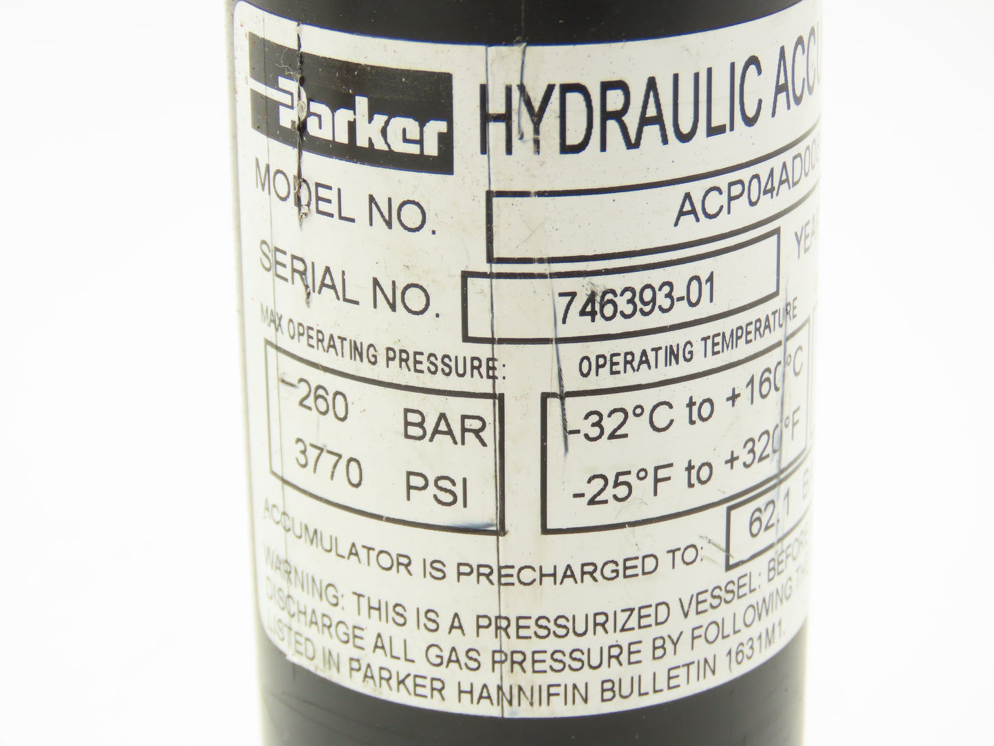 Parker ACP04AD008R57H Forklift Hydraulic Accumulator 3770 PSI Off Hyster E80XN