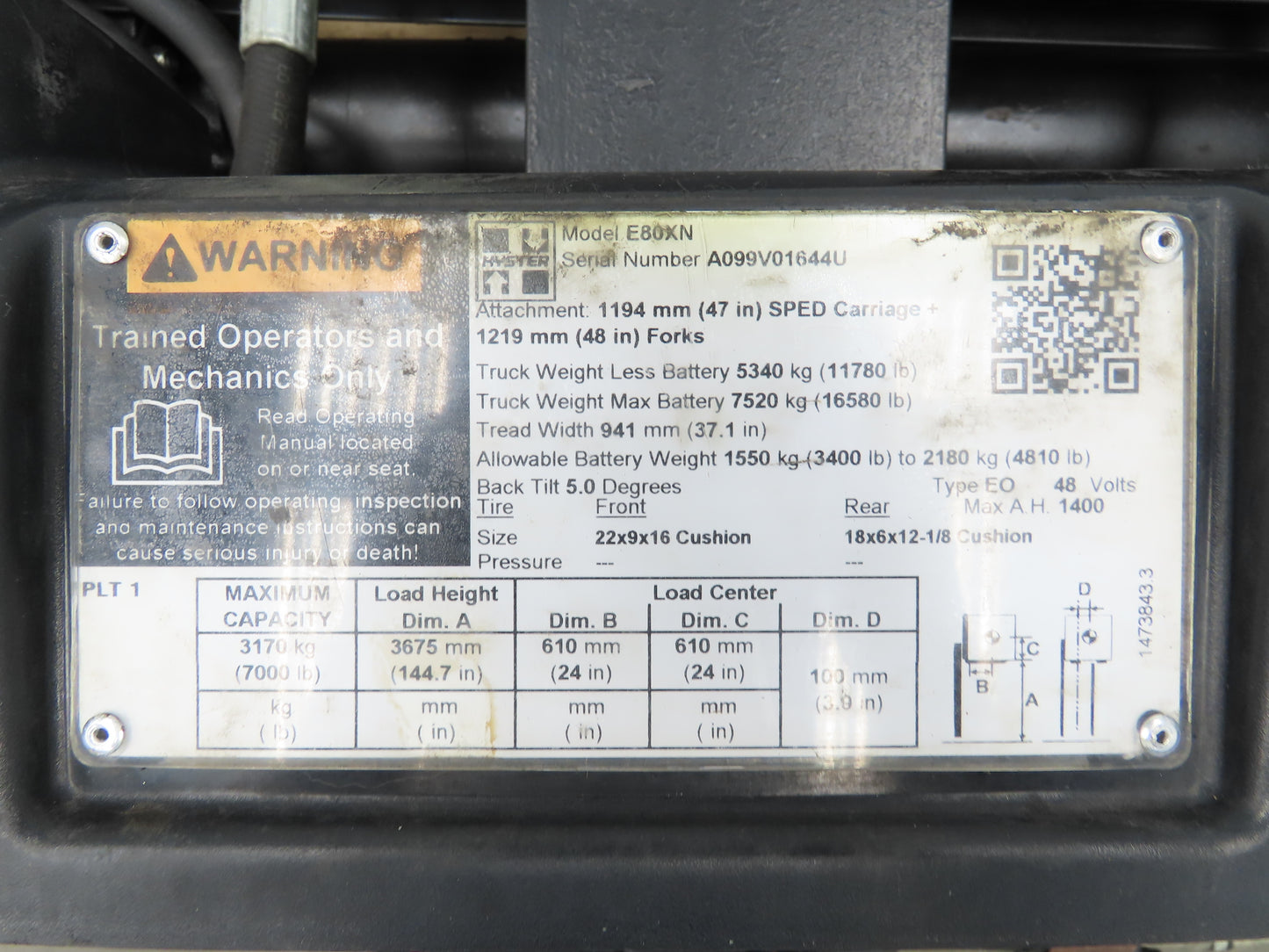 Hyster E80XN Forklift Mast Class IV 2 Stage 4 Lever 144.7" Lift 7000lb