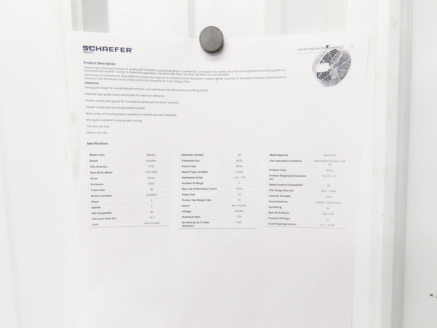 Schaefer VK24-3 Horizontal Air Flow Fan 24" 1/2Hp 230/460V 3Ph 1800RPM 7750CFM