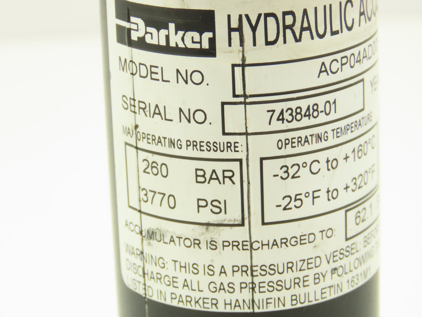 Parker ACP04AD008R57H Forklift Hydraulic Accumulator 900 PSI Off Hyster E100XN