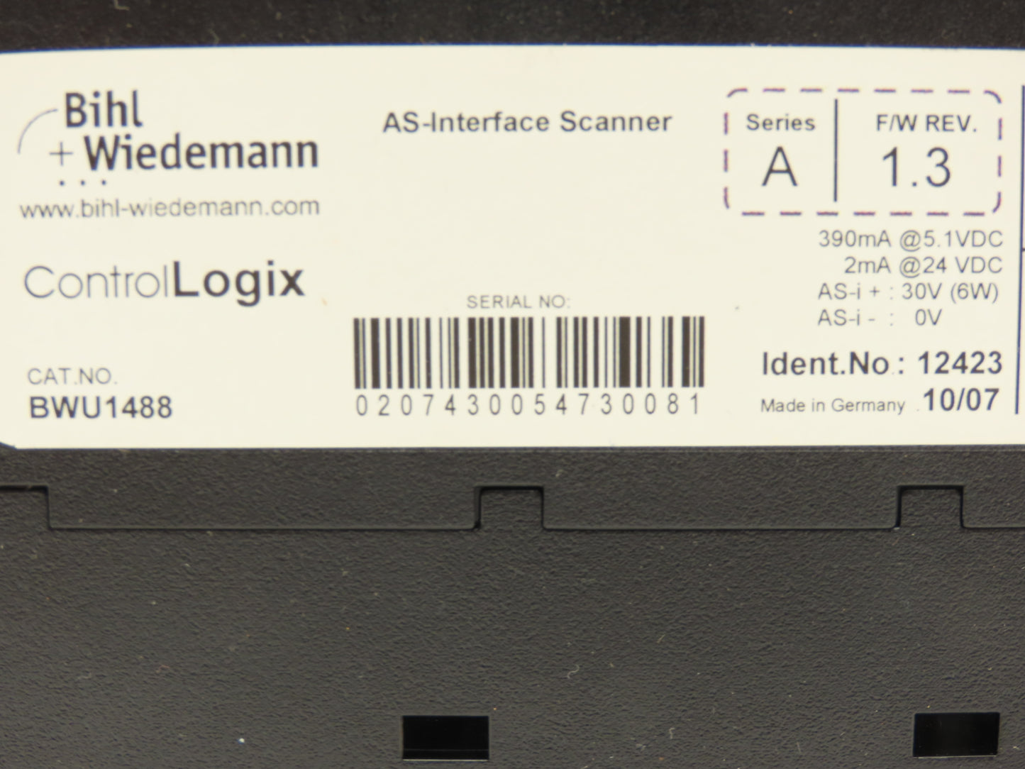 Bihl Wiedemann BWU1488 AS-Interface Scanner Series A F/W Rev 1.3 ControlLogix