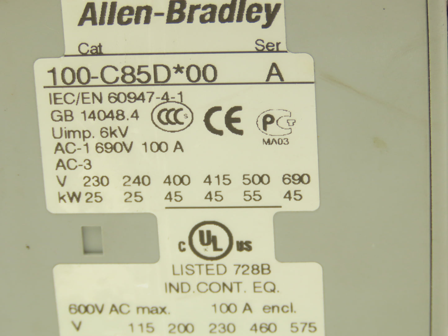 Allen Bradley 100S-C85DJ14C Safety DC Contactor Contact Block 24V Coil 600V 3PH