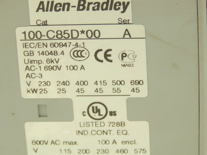 Allen Bradley 100S-C85DJ14C Safety DC Contactor Contact Block 24V Coil 600V 3PH