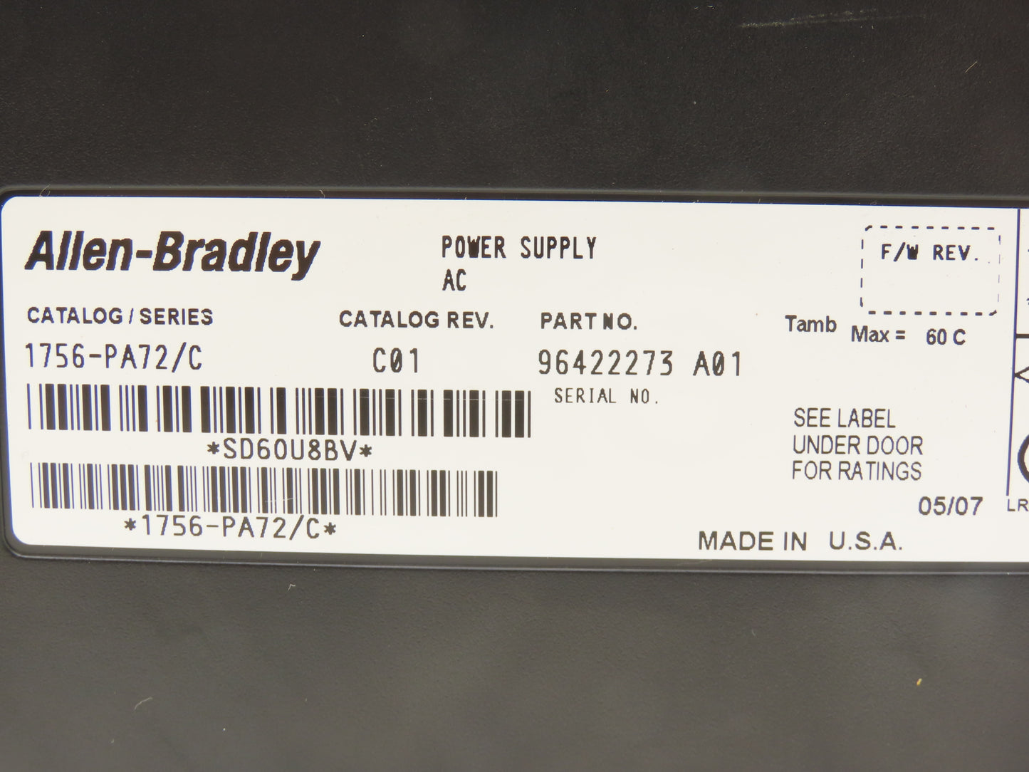 Allen Bradley 1756-PA72 ControlLogix PLC AC Power Supply Module 1756-PA72/C