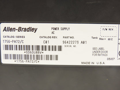 Allen Bradley 1756-PA72 ControlLogix PLC AC Power Supply Module 1756-PA72/C