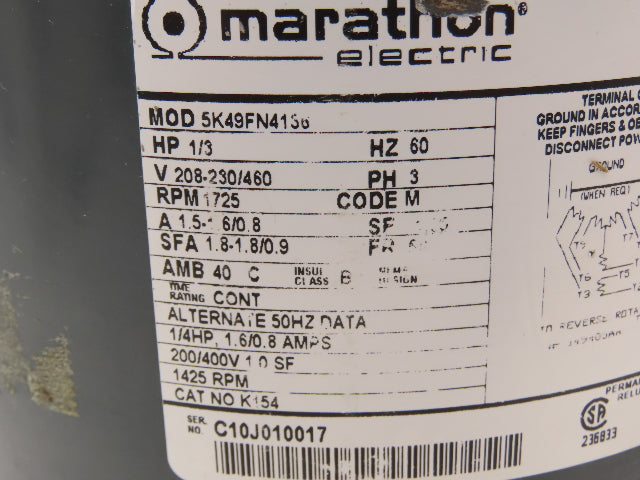 Marathon Electric 5K49FN4136 AC Motor 1/3Hp 1725 RPM 208-230/460V 3PH 60Hz 5/8" Shaft