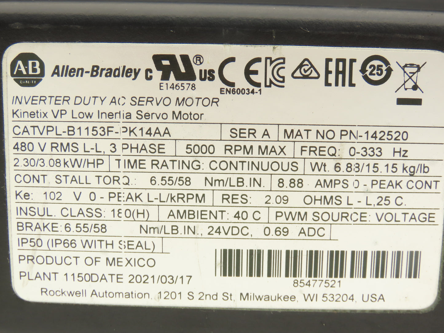 Allen Bradley VPL-B1153F-PK14AA AC Servo Motor 3.08Hp 5000rpm 480VAC 3PH