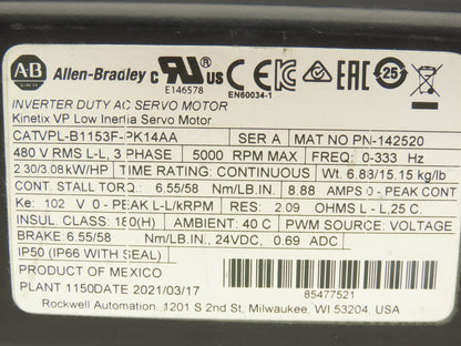 Allen Bradley VPL-B1153F-PK14AA AC Servo Motor 3.08Hp 5000rpm 480VAC 3PH