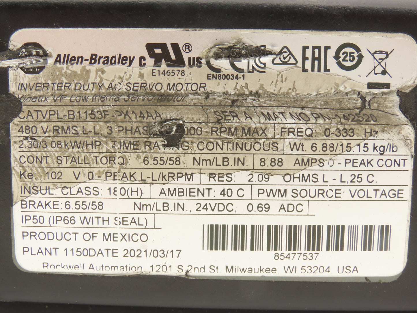 Allen Bradley VPL-B1153F-PK14AA AC Servo Motor 3.08Hp 5000rpm 480VAC 3PH -READ