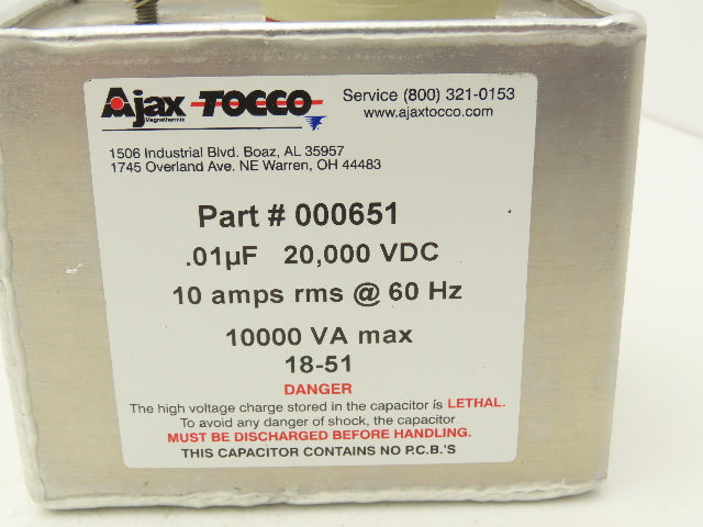 Ajax Tocco 000651 Capacitor Induction Heating .01uF 20,000 VDC 10A rms @ 60HZ