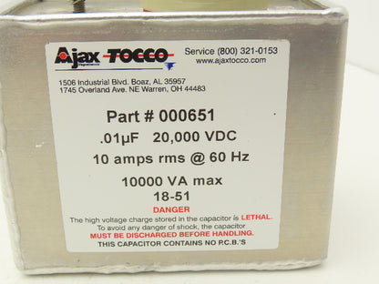 Ajax Tocco 000651 Capacitor Induction Heating .01uF 20,000 VDC 10A rms @ 60HZ