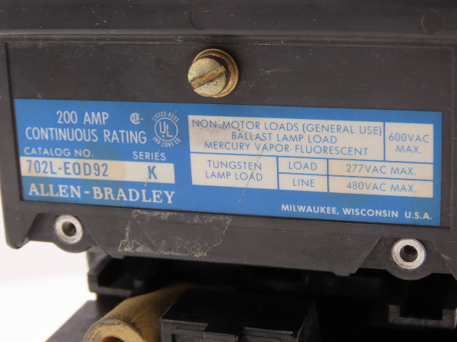 Allen Bradley 702L-EOD92 Lighting Contactor 2-Pole 200A 120V Coil Ser K 600V Max