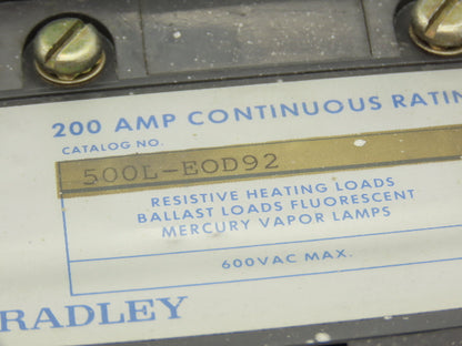 Allen Bradley 500L-EOD92 Lighting Contactor 2-Pole 200A 120V Coil Ser A 600V Max