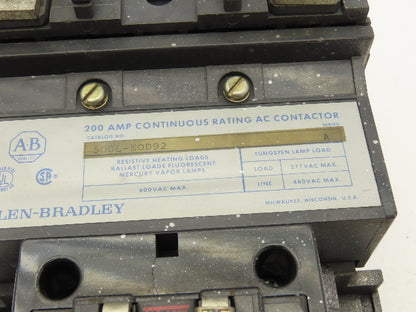 Allen Bradley 500L-EOD92 Lighting Contactor 2-Pole 200A 120V Coil Ser A 600V Max