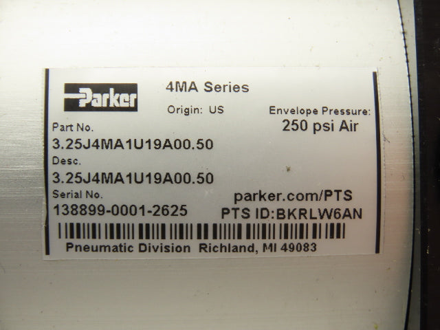 Parker 3.25J4MA1U19A00.50 Pneumatic Air Cylinder 3.25" Bore x .5" Stroke 250PSI