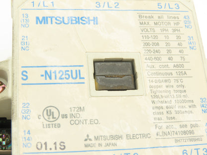 Mitsubishi -N125UL 75Hp Contactor w/TH-K120TAKP Thermal Overload 85-125A