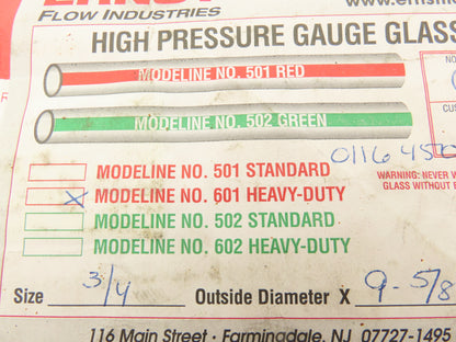 ERNST High Pressure Gauge Glass Modeline No. 601 3/4"O.D. x 9-5/8" L Heavy Duty