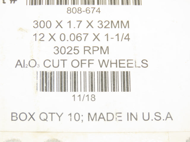 LECO 808-674 Aluminum Oxide Cut Off Wheel 12"/300mm x 1.7mm x 32mm Box of 10