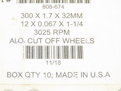 LECO 808-674 Aluminum Oxide Cut Off Wheel 12"/300mm x 1.7mm x 32mm Box of 10