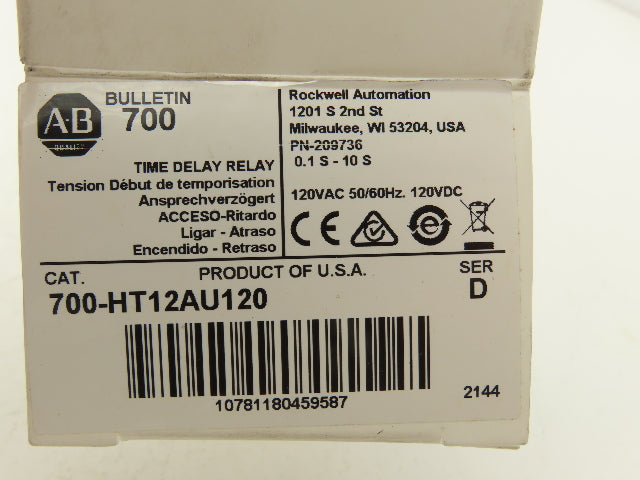 Allen Bradley 700-HT12AU120 Power On Delay Relay 120VAC 0.1-10 Second Time Delay