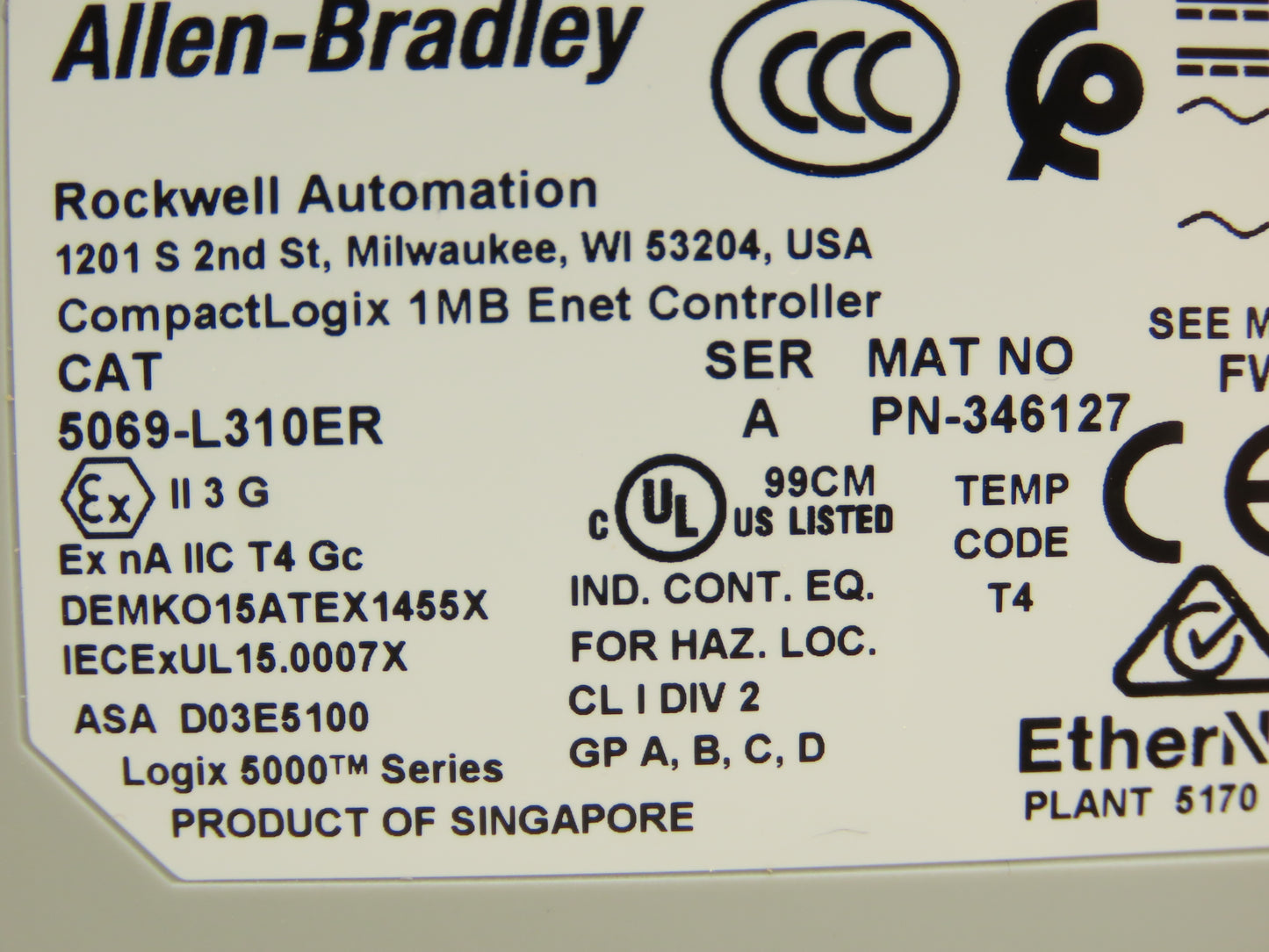 Allen Bradley 5069-L310ER CompactLogix 5380 PLC CPU Ethernet/IP Controller Ser A