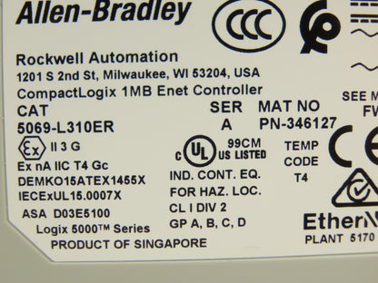 Allen Bradley 5069-L310ER CompactLogix 5380 PLC CPU Ethernet/IP Controller Ser A