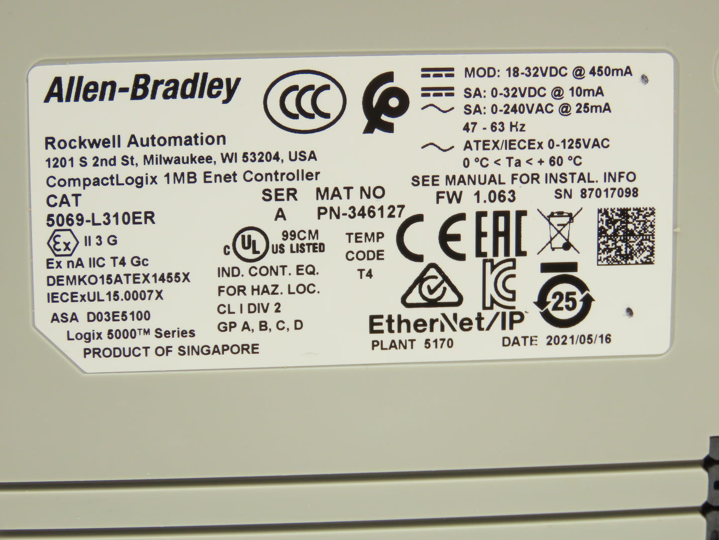 Allen Bradley 5069-L310ER CompactLogix 5380 PLC CPU Ethernet/IP Controller Ser A