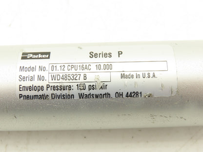 Parker 01.12 CPU16AC 10.000 Pneumatic Air Cylinder 1-1/8" Bore 10" Stroke 150PSI