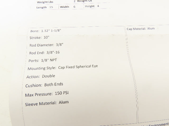 Parker 01.12 CPU16AC 10.000 Pneumatic Air Cylinder 1-1/8" Bore 10" Stroke 150PSI