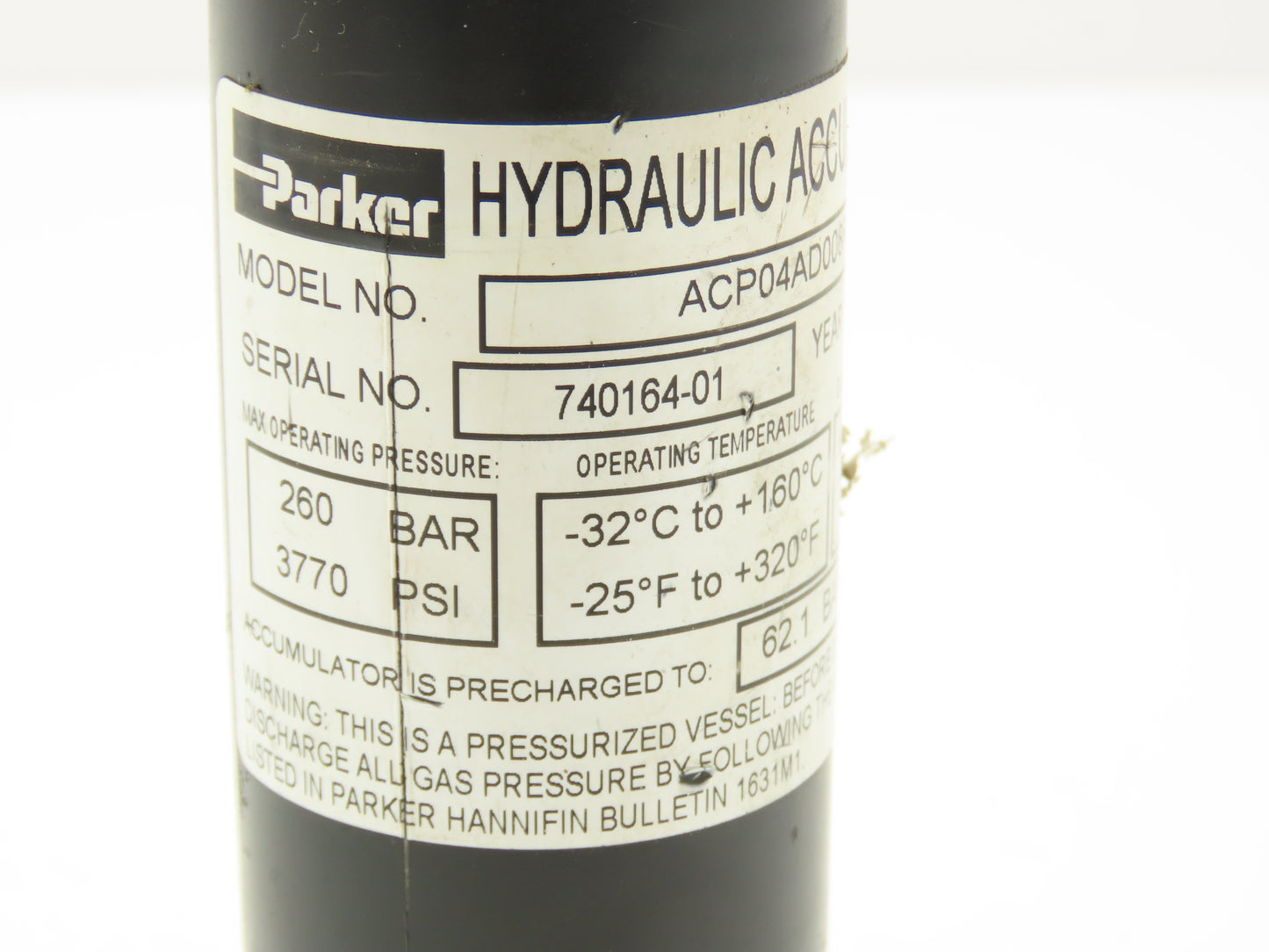 Parker ACP04AD008R57H Forklift Hydraulic Accumulator 900 PSI Off Hyster E80XN