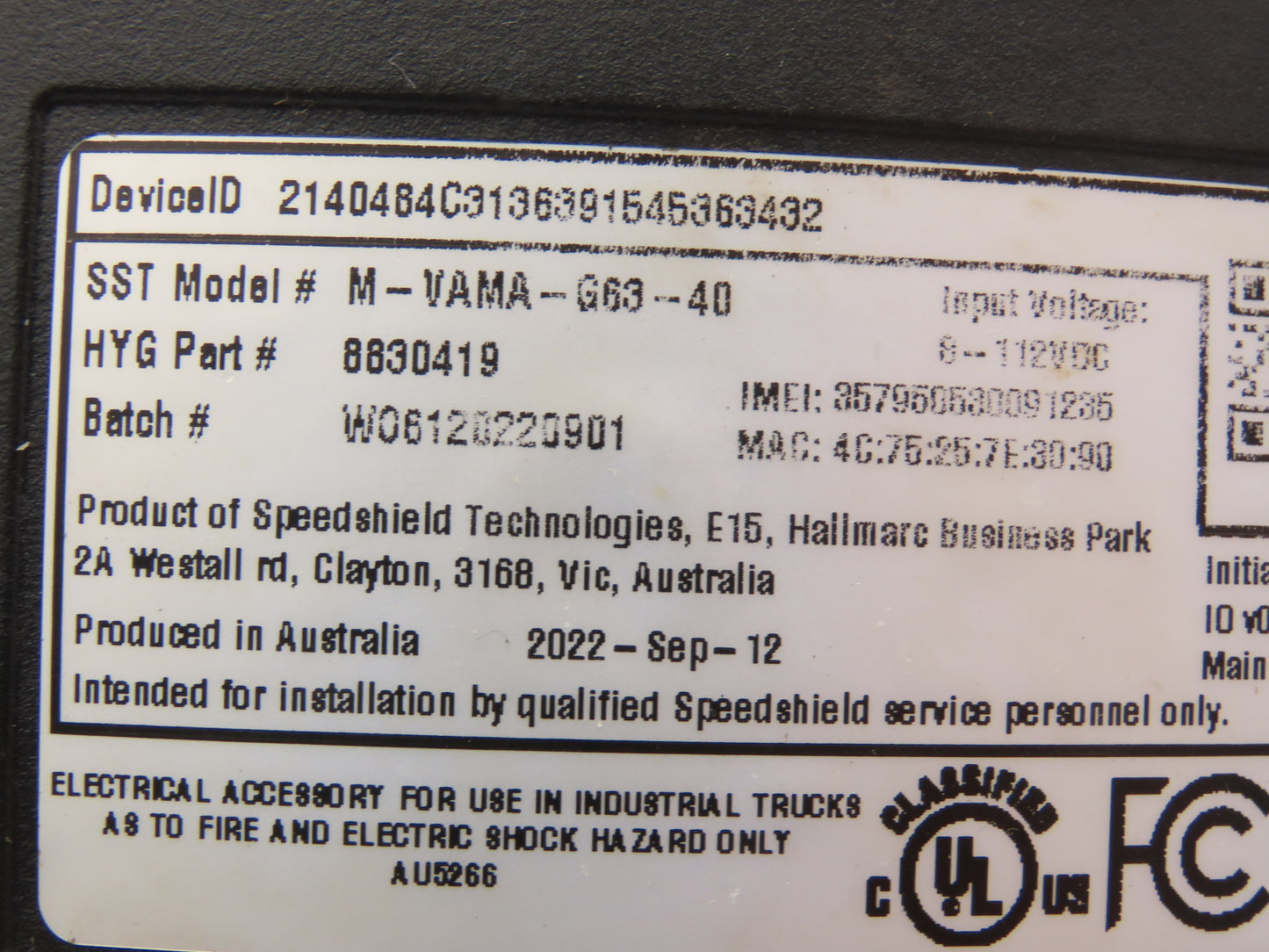 Speedshield M-VAMA-G63-40 Velocity Asset Manager Module Off Hyster E80XN