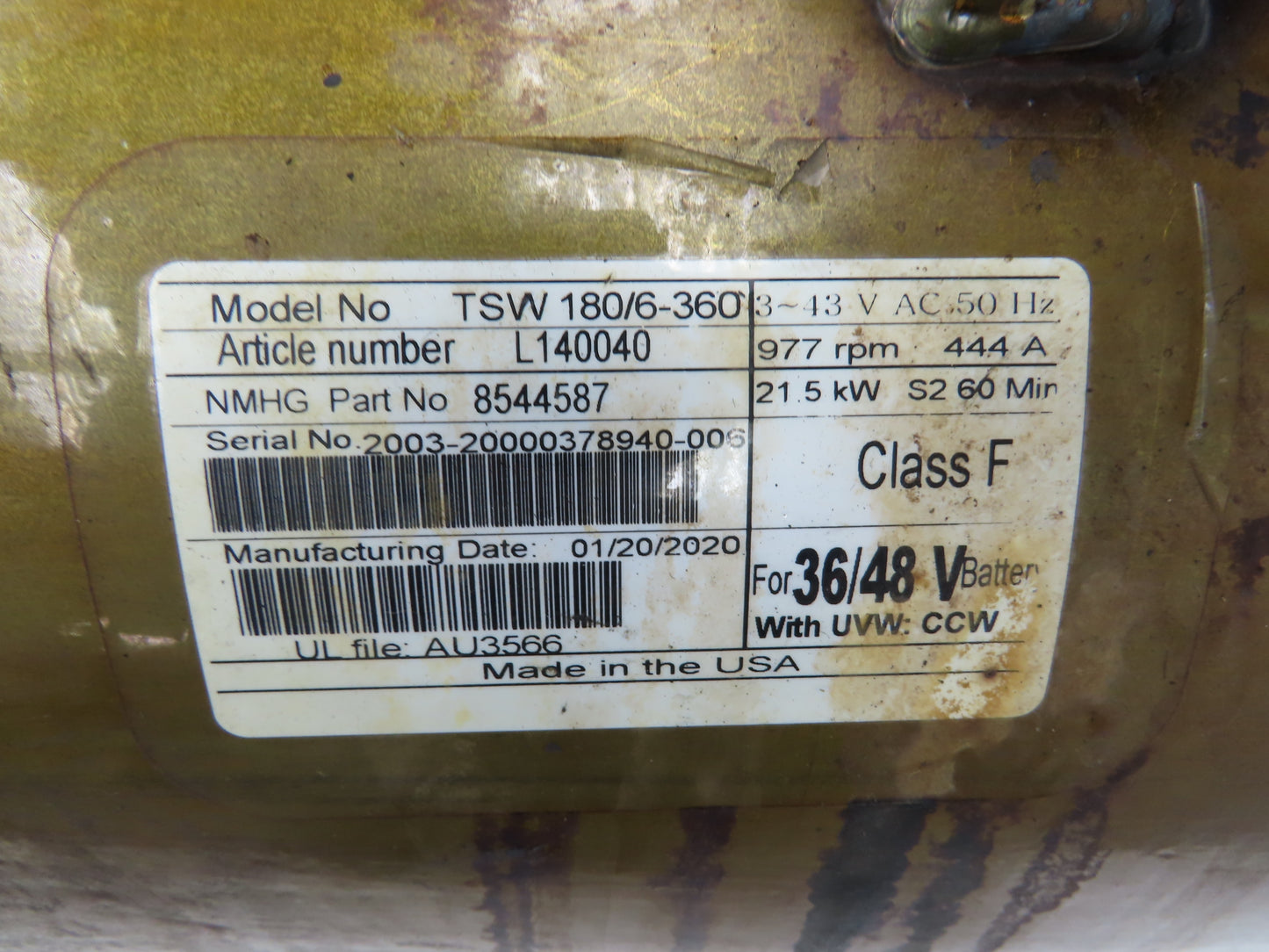 Hyster 8544587 Forklift Traction Drive Motor 48V 21.5kW Off E80XN TSW 180/6-360