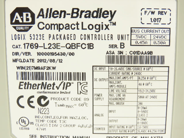 Allen Bradley 1769-L23E-QBFC1B Packaged Controller Unit 24VDC 16 Digital Outputs