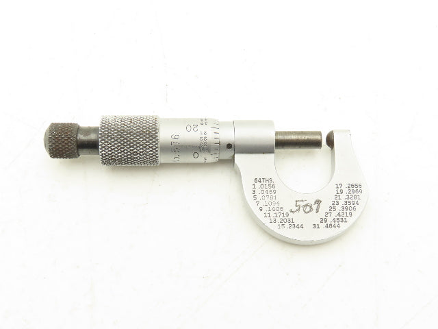 Starrett 576 Outside Micrometer 0-1/2" Range .001" Round Anvil Ratchet Stop