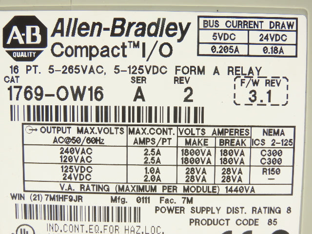 Allen Bradley 1769-OW16 Compact 16-Point Relay Output Series A Rev 2 F/W 3.1