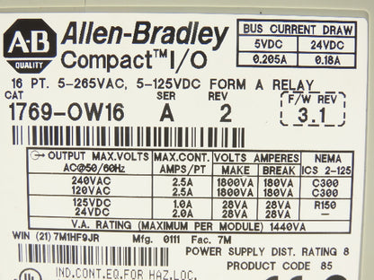 Allen Bradley 1769-OW16 Compact 16-Point Relay Output Series A Rev 2 F/W 3.1
