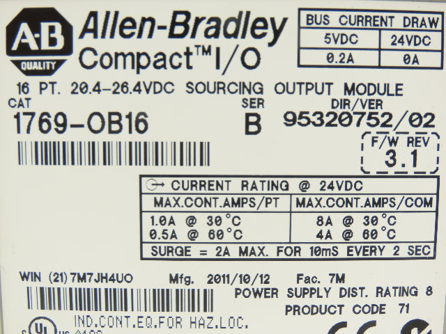 Allen Bradley 1769-0B16 Compact I/O 24VDC Output Module Ser B F/W 3.1 Lot of 2