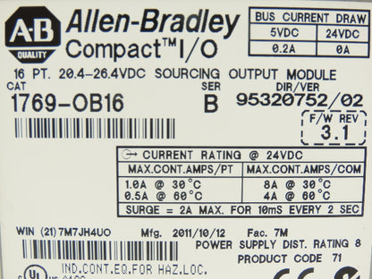 Allen Bradley 1769-0B16 Compact I/O 24VDC Output Module Ser B F/W 3.1 Lot of 2