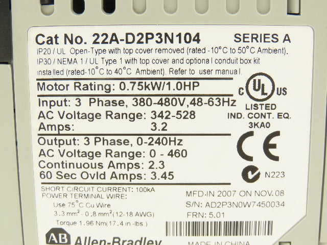 Allen Bradley 22A-D2P3N104 PowerFlex 4 VFD Variable Speed AC Drive 1Hp 460V 3PH