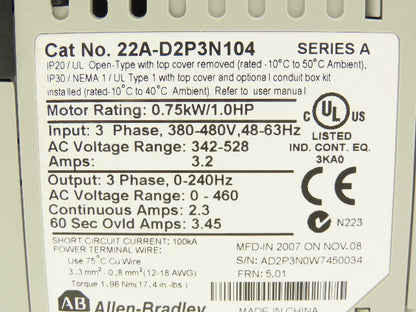 Allen Bradley 22A-D2P3N104 PowerFlex 4 VFD Variable Speed AC Drive 1Hp 460V 3PH