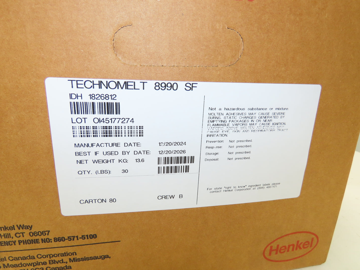 Henkel 8990 Technomelt Hot Melt Adhesive Glue 30lbs Carton BB 12/20/2026