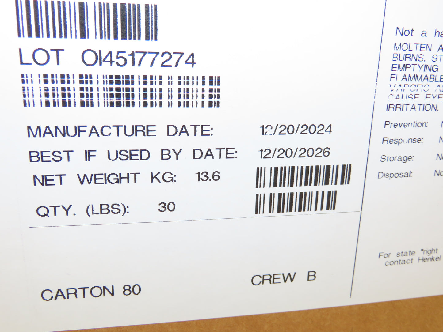 Henkel 8990 Technomelt Hot Melt Adhesive Glue 30lbs Carton BB 12/20/2026