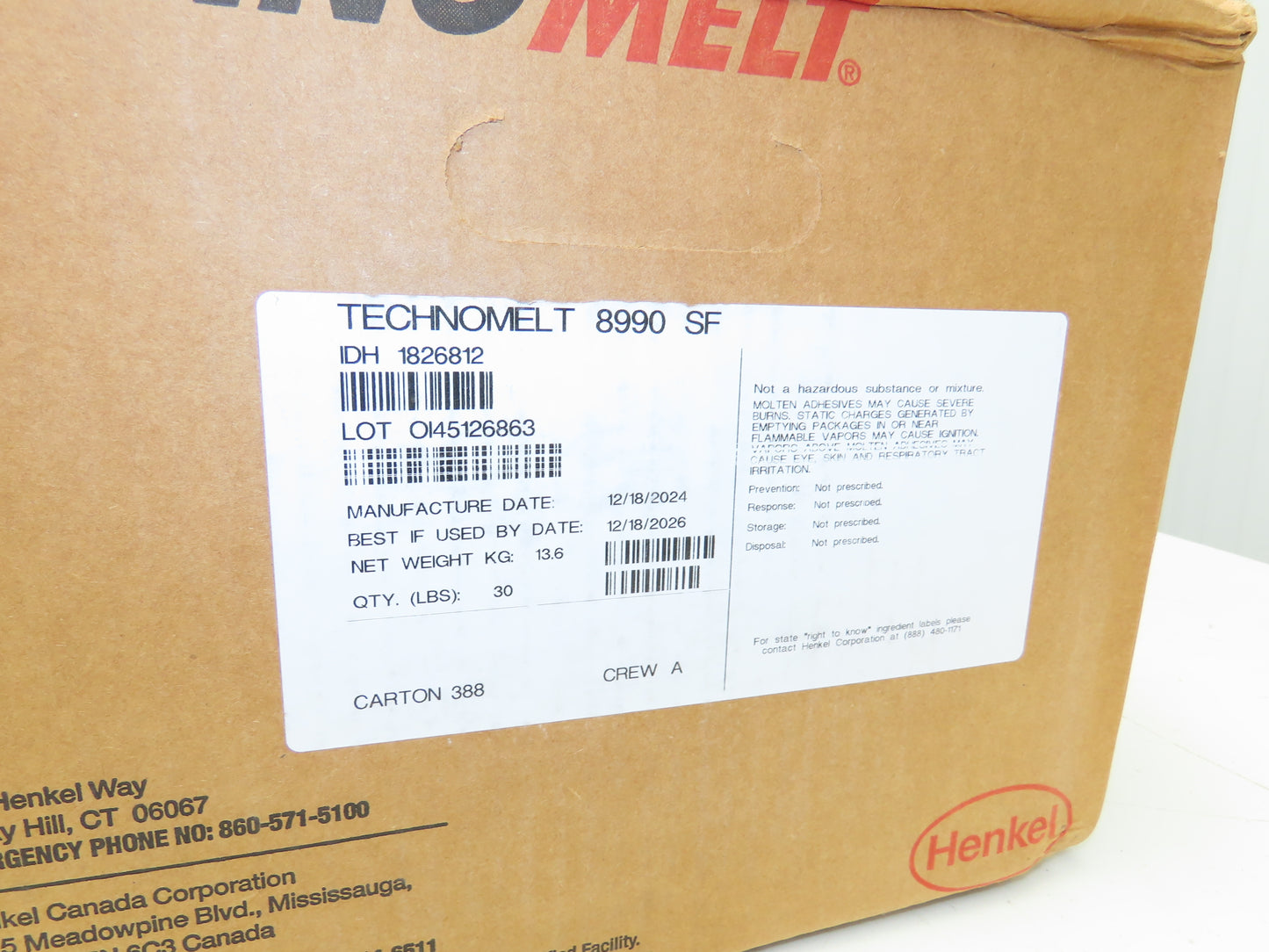 Henkel 8990 Technomelt Hot Melt Adhesive Glue 30lbs Carton BB 12/18/2026