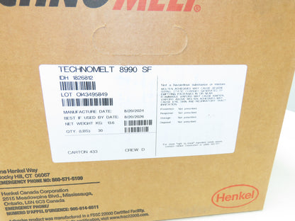 Henkel 8990 Technomelt Hot Melt Adhesive Glue 30lbs Carton BB 8/20/2026