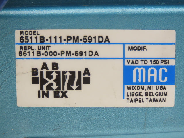 MAC 6511B-111-PM-591DA Pneumatic Solenoid Valve W/Base 150PSI 24VDC PME-591DABE