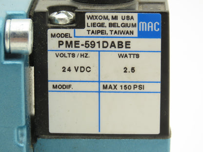 MAC 6511B-111-PM-591DA Pneumatic Solenoid Valve W/Base 150PSI 24VDC PME-591DABE